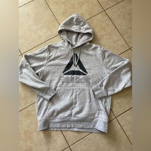 Large Reebok Logo Hoodie Fleece Lined Gray Black Pullover  Kangaroo Pockets L